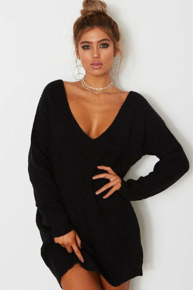 Pure Color Deep V-neck Long Sleeves Long Loose Sweater
