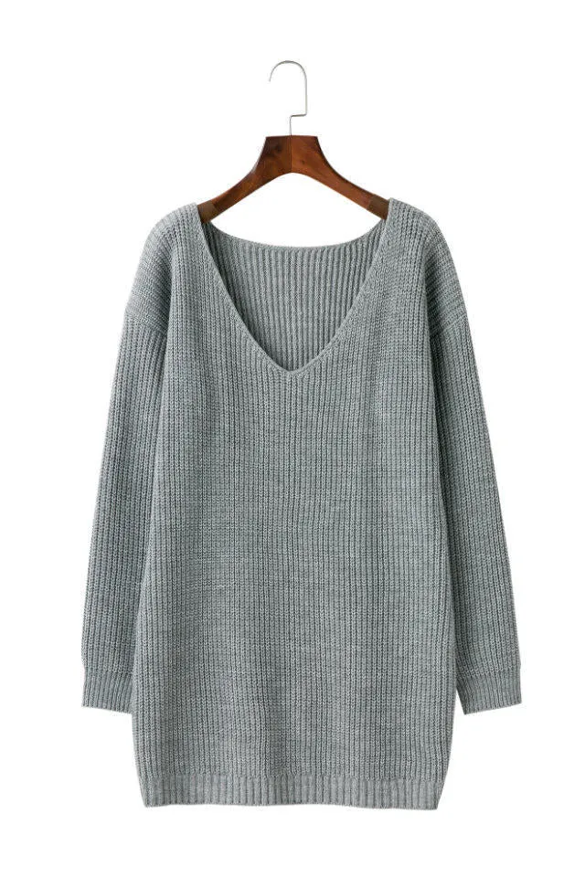 Pure Color Deep V-neck Long Sleeves Long Loose Sweater