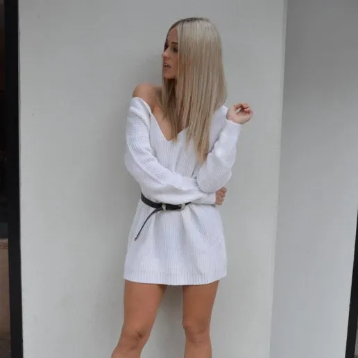 Pure Color Deep V-neck Long Sleeves Long Loose Sweater