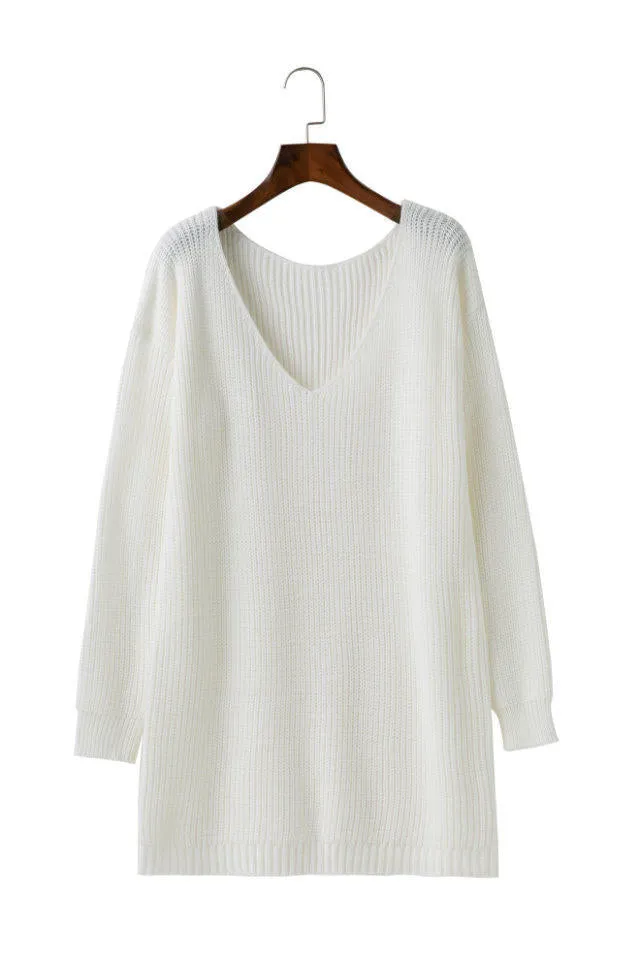 Pure Color Deep V-neck Long Sleeves Long Loose Sweater