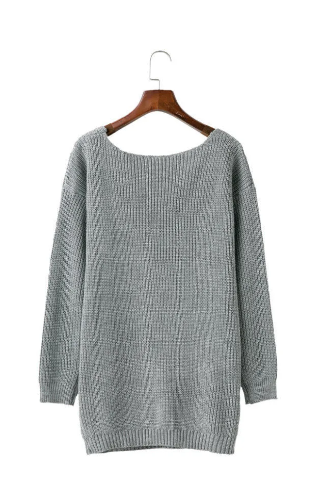 Pure Color Deep V-neck Long Sleeves Long Loose Sweater