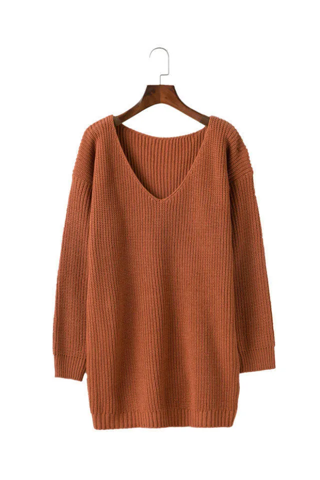 Pure Color Deep V-neck Long Sleeves Long Loose Sweater