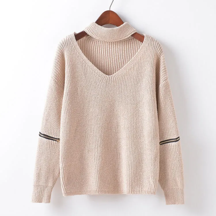 Pure Color Hole Long Sleeves V-neck Zipper Sweater