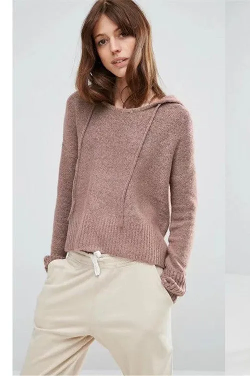 Pure Color Hood Long Sleeves Scoop Hooded Sweater