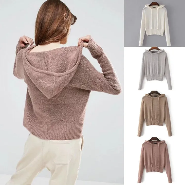Pure Color Hood Long Sleeves Scoop Hooded Sweater