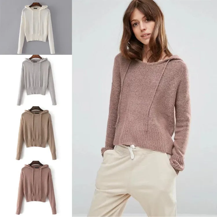 Pure Color Hood Long Sleeves Scoop Hooded Sweater