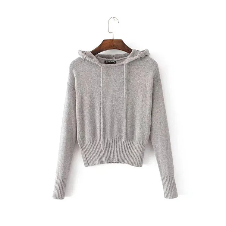 Pure Color Hood Long Sleeves Scoop Hooded Sweater