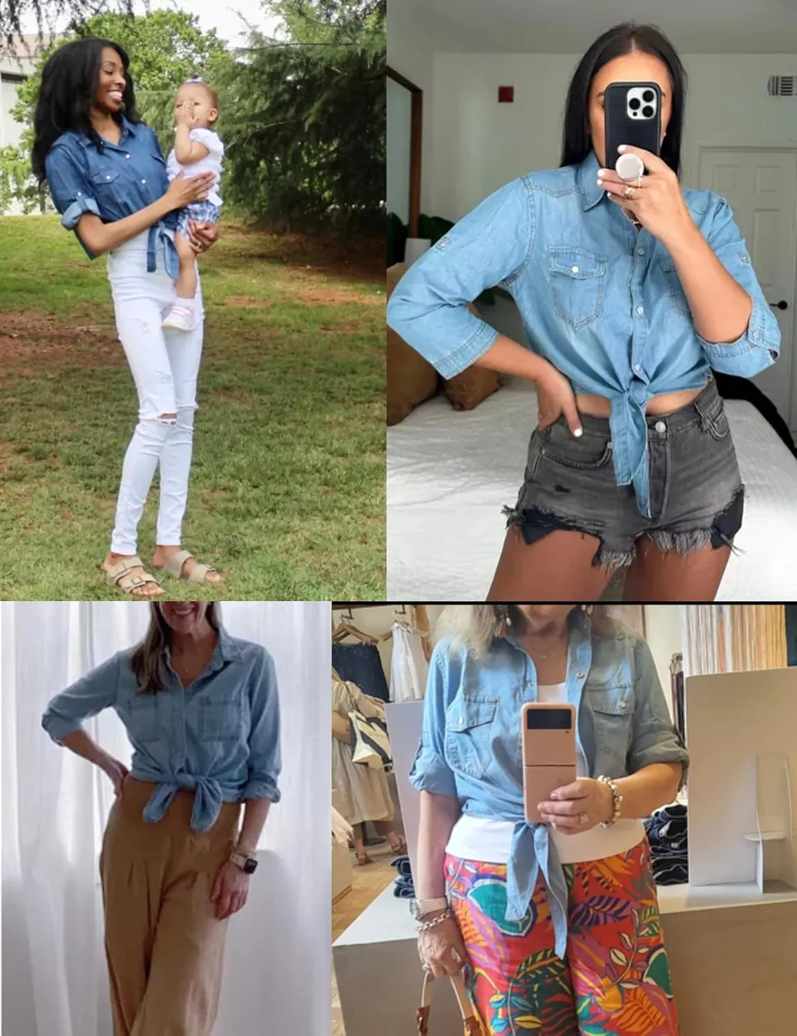PUWEI Women's Denim Shirts Casual Button Up 3/4 Sleeve Tie Front Jean Crop Tops