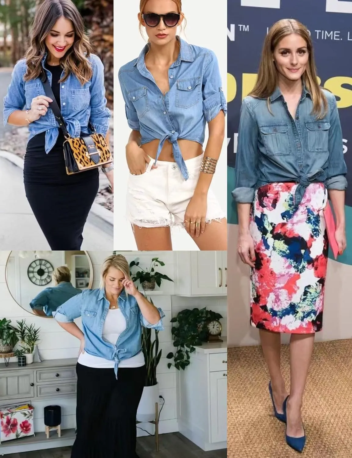 PUWEI Women's Denim Shirts Casual Button Up 3/4 Sleeve Tie Front Jean Crop Tops