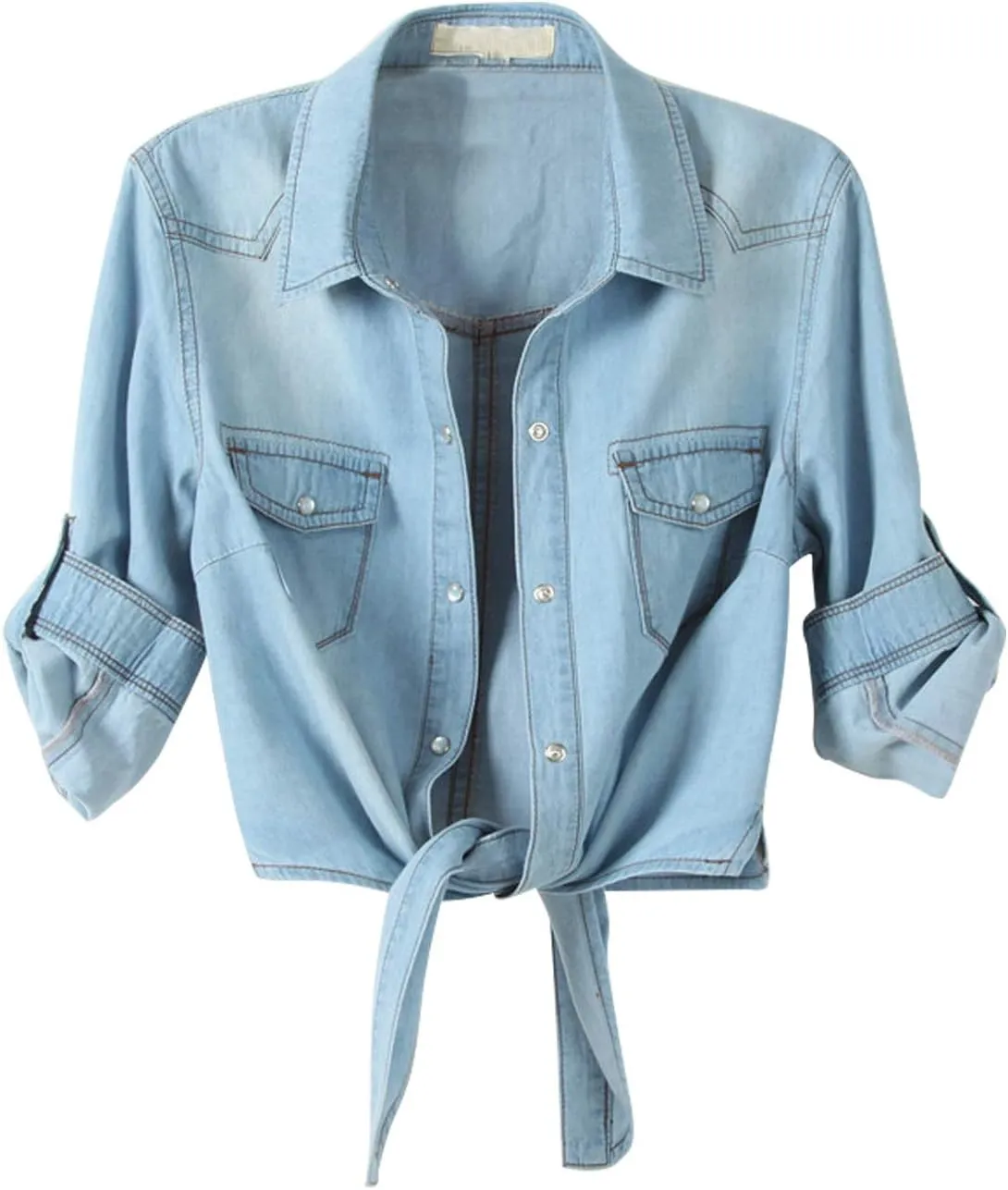 PUWEI Women's Denim Shirts Casual Button Up 3/4 Sleeve Tie Front Jean Crop Tops