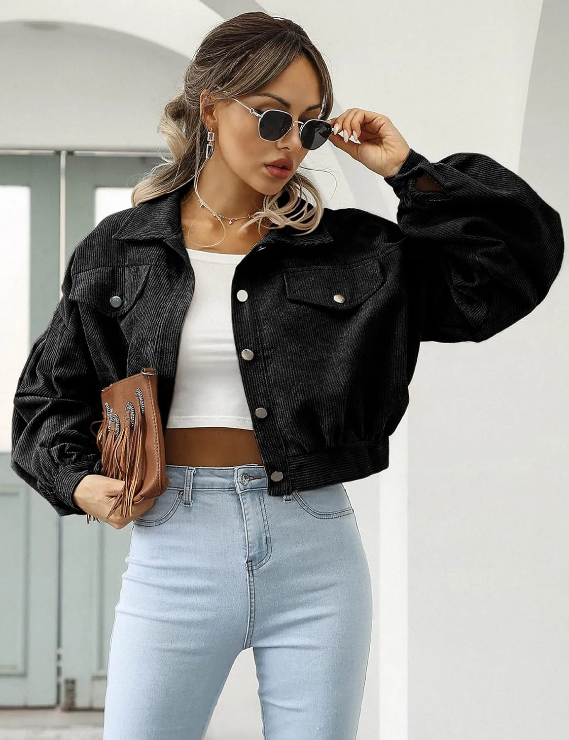 Qiaomai Womens Cropped Corduroy Jacket Loose Button Down Puff Sleeve Shacket Coat