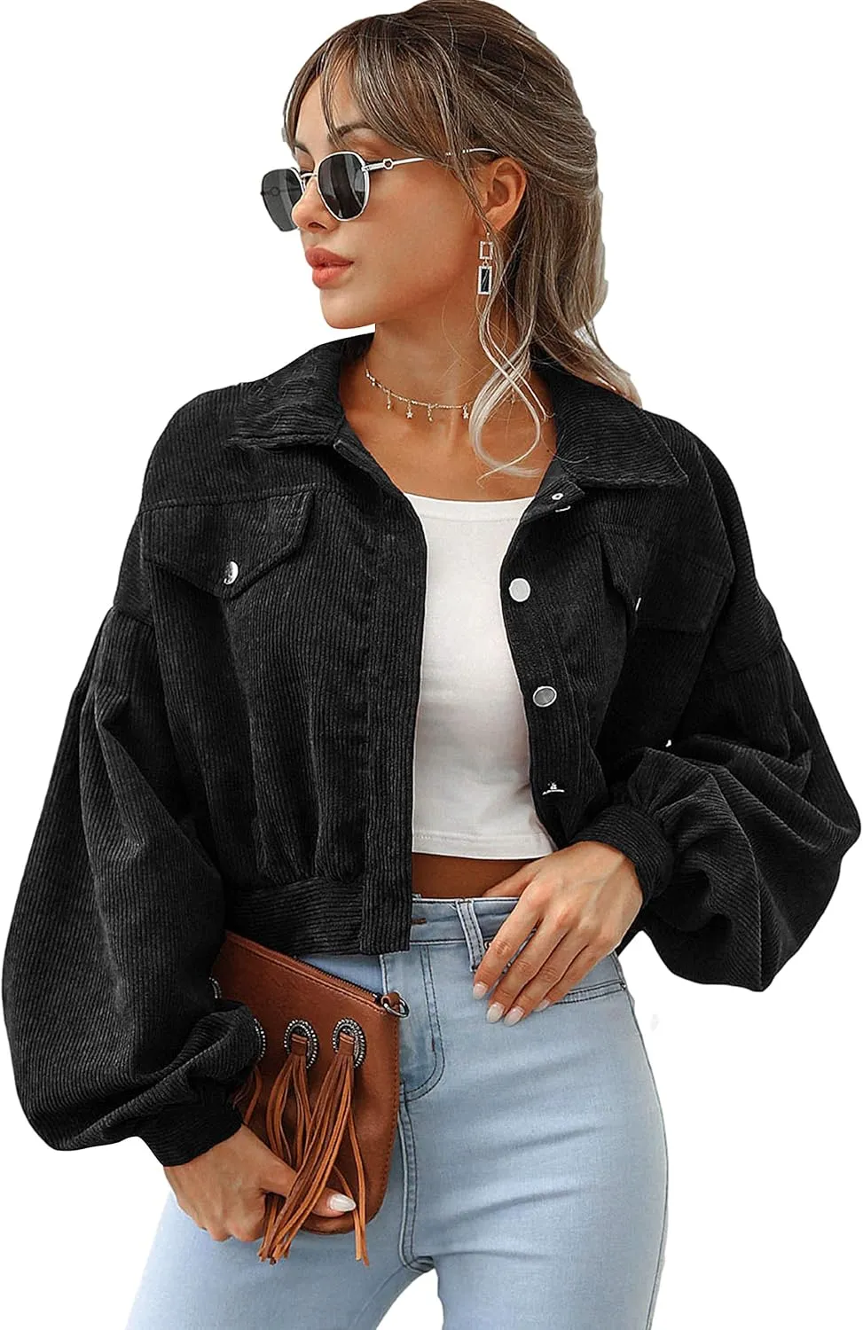 Qiaomai Womens Cropped Corduroy Jacket Loose Button Down Puff Sleeve Shacket Coat