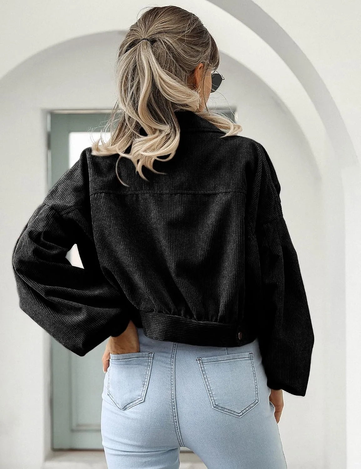 Qiaomai Womens Cropped Corduroy Jacket Loose Button Down Puff Sleeve Shacket Coat