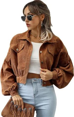 Qiaomai Womens Cropped Corduroy Jacket Loose Button Down Puff Sleeve Shacket Coat
