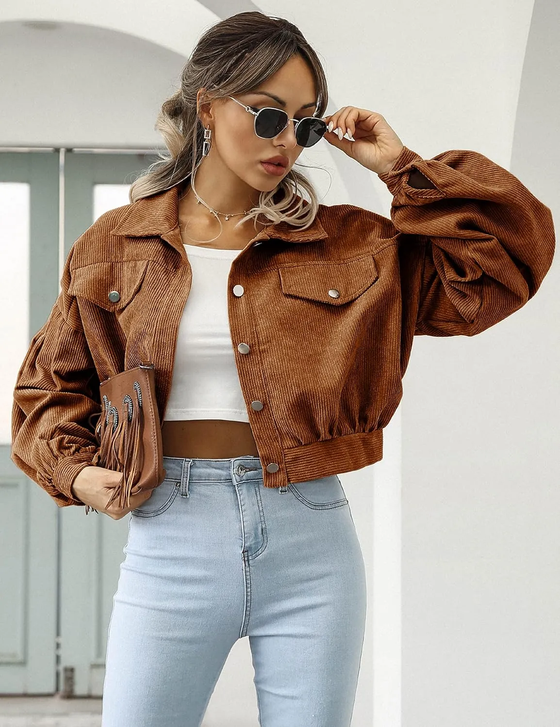 Qiaomai Womens Cropped Corduroy Jacket Loose Button Down Puff Sleeve Shacket Coat
