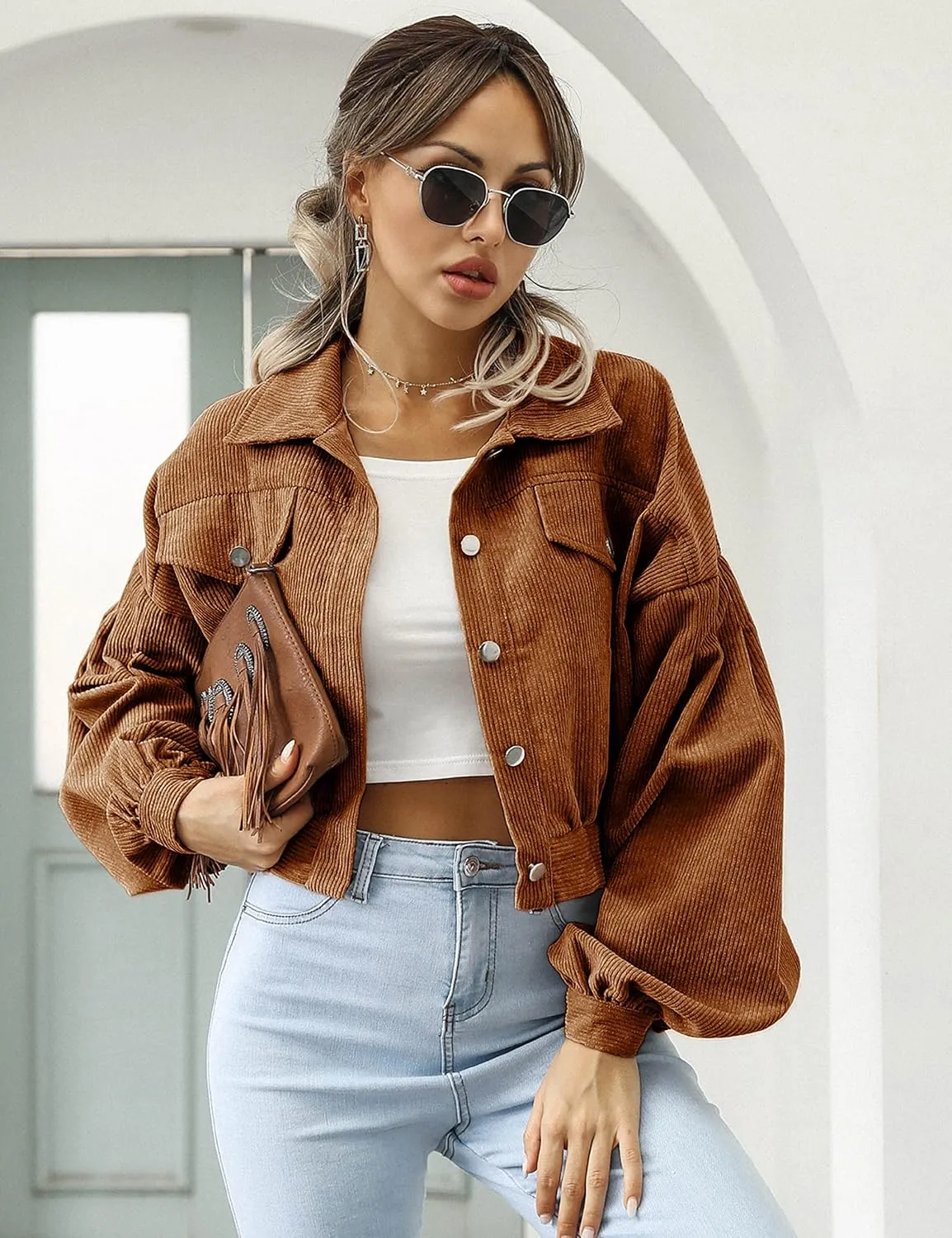 Qiaomai Womens Cropped Corduroy Jacket Loose Button Down Puff Sleeve Shacket Coat
