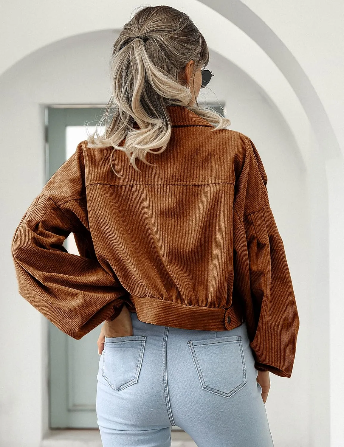 Qiaomai Womens Cropped Corduroy Jacket Loose Button Down Puff Sleeve Shacket Coat