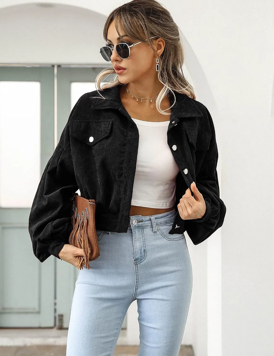 Qiaomai Womens Cropped Corduroy Jacket Loose Button Down Puff Sleeve Shacket Coat