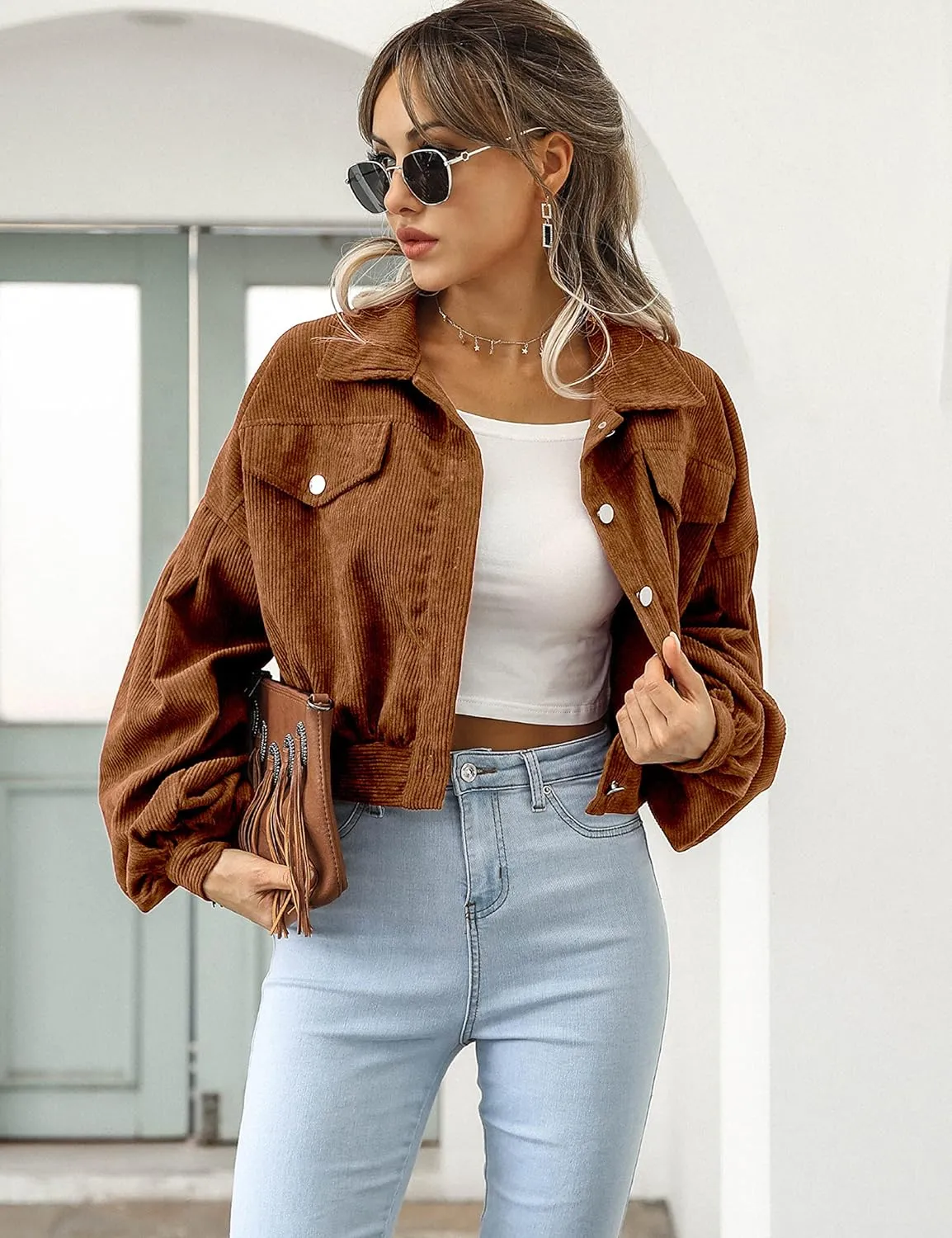 Qiaomai Womens Cropped Corduroy Jacket Loose Button Down Puff Sleeve Shacket Coat