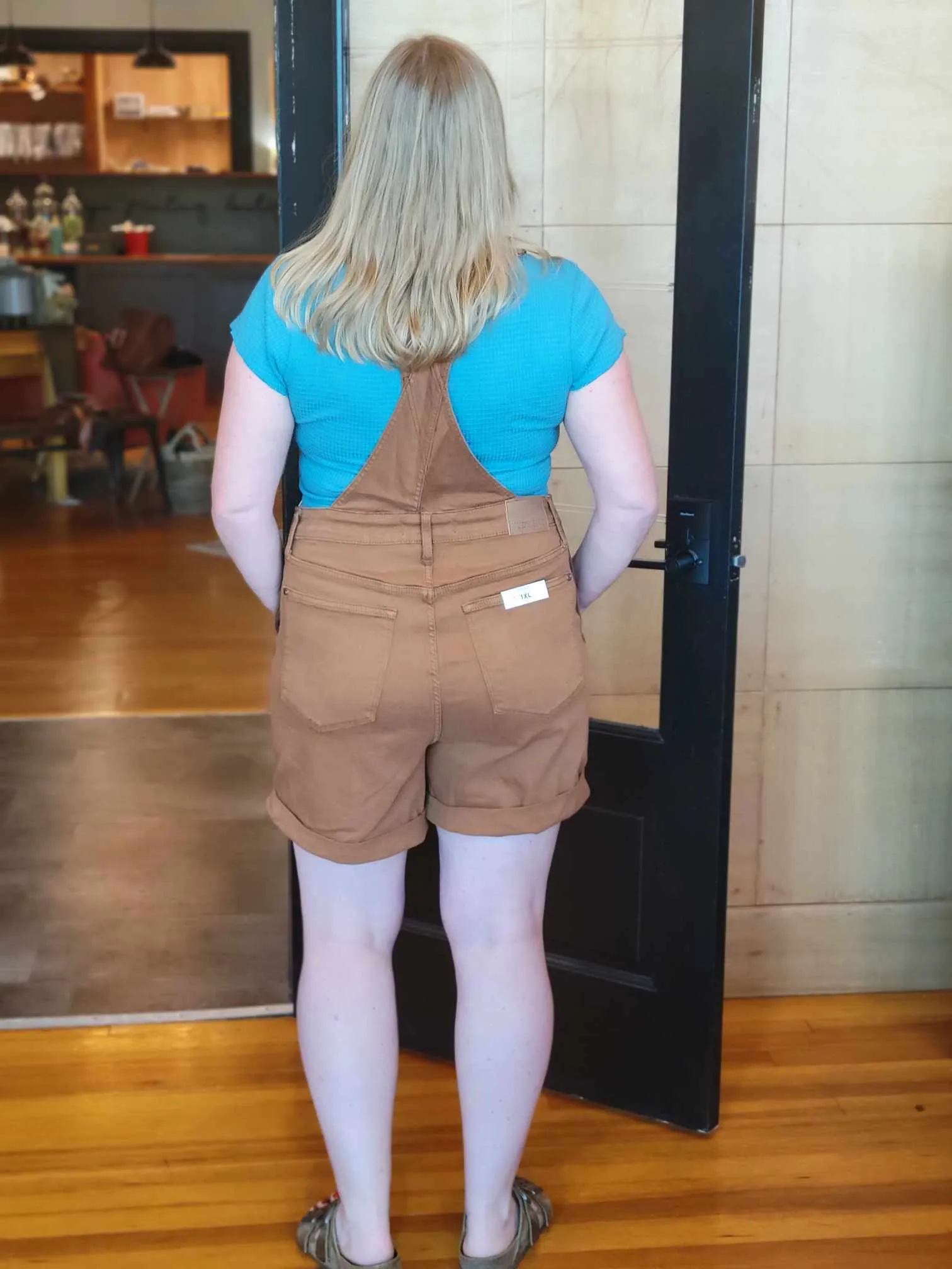 "HEY SHORTIES" BROWN JUDY BLUE SHORT OVERALLS