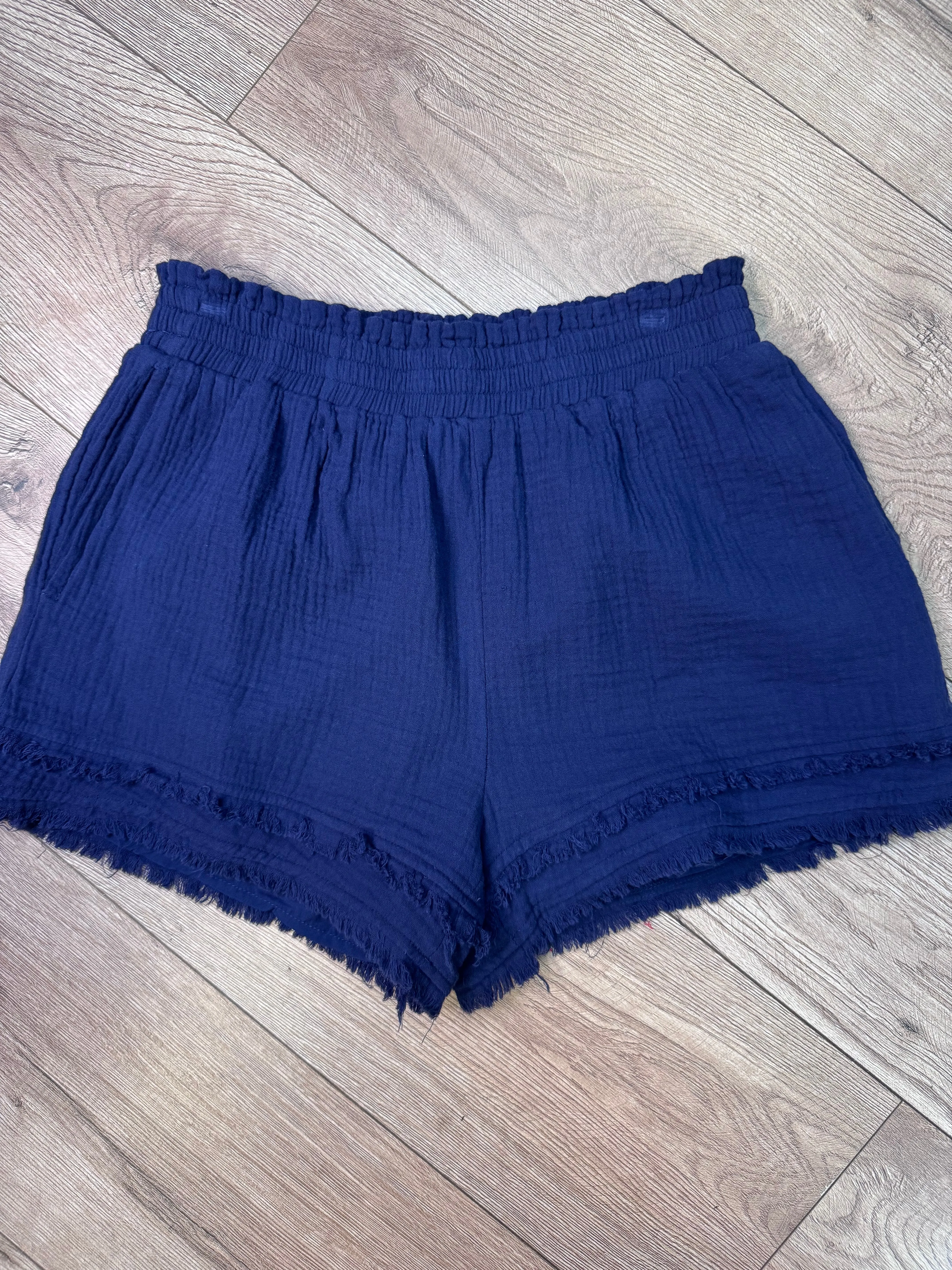 "Navy Layered" Distressed Gauze Shorts