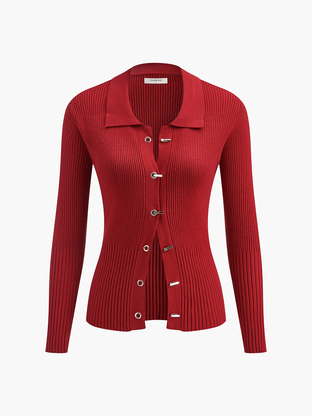 Ribbed Metal Design Polo Cardigan