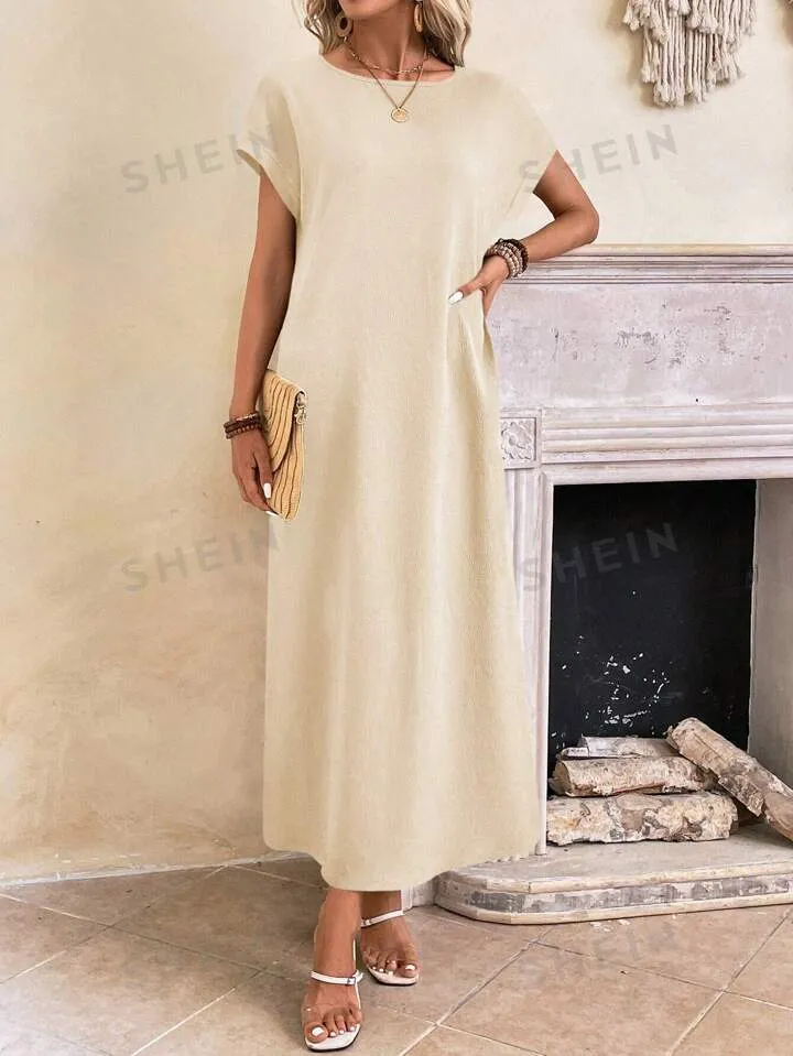 Round neck solid color short sleeve maxi dress in nude