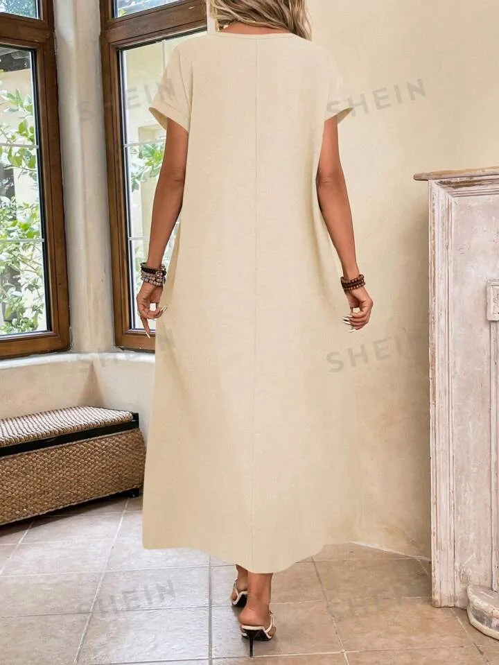Round neck solid color short sleeve maxi dress in nude