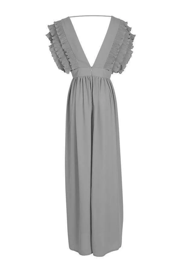 Ruffles Deep V-neck High Waist Women Long Pleated Solid Color Dress