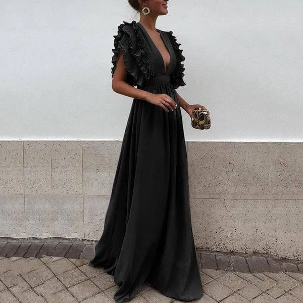 Ruffles Deep V-neck High Waist Women Long Pleated Solid Color Dress
