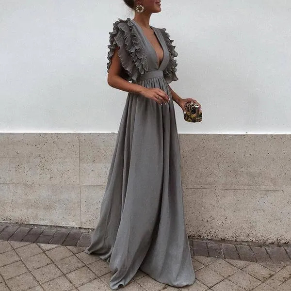 Ruffles Deep V-neck High Waist Women Long Pleated Solid Color Dress