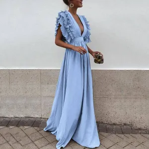 Ruffles Deep V-neck High Waist Women Long Pleated Solid Color Dress