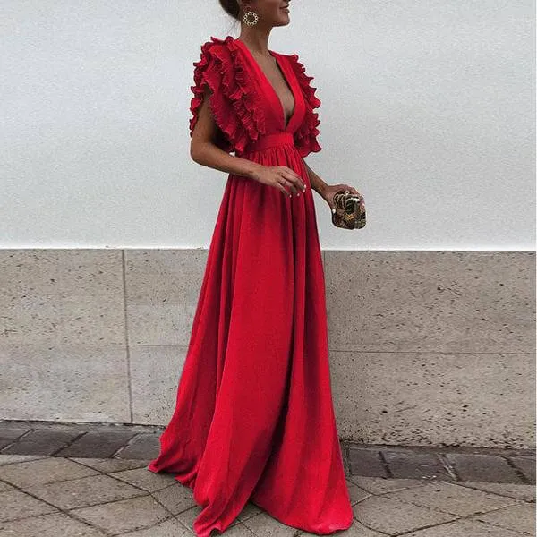 Ruffles Deep V-neck High Waist Women Long Pleated Solid Color Dress