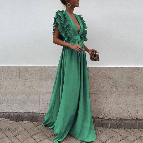 Ruffles Deep V-neck High Waist Women Long Pleated Solid Color Dress