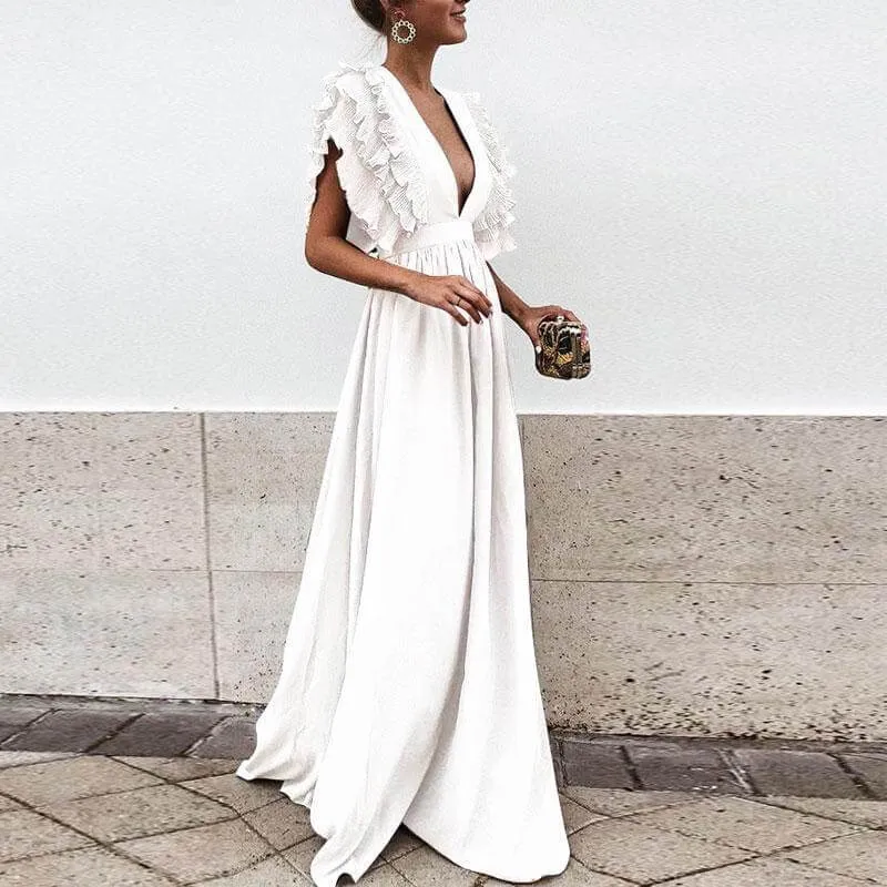 Ruffles Deep V-neck High Waist Women Long Pleated Solid Color Dress