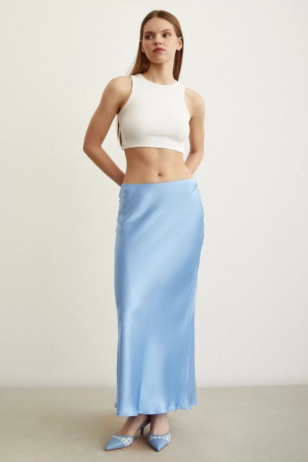 Satin Flared Skirt - Light Blue