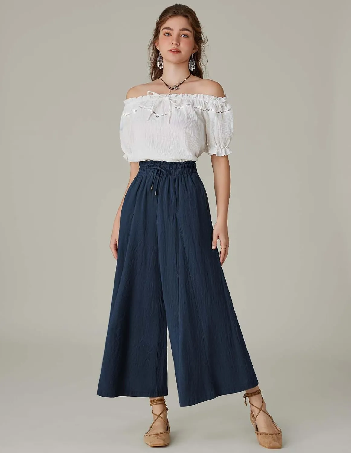 Scarlet Darkness Women Wide Leg Pants High Waist Linen Casual Loose Lounge Trousers with Pockets