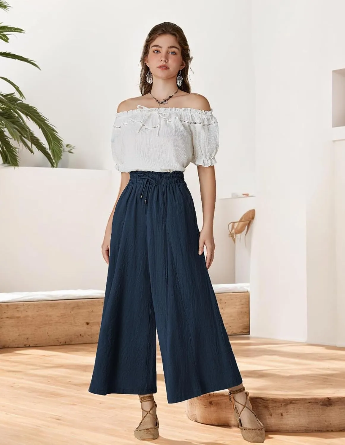 Scarlet Darkness Women Wide Leg Pants High Waist Linen Casual Loose Lounge Trousers with Pockets