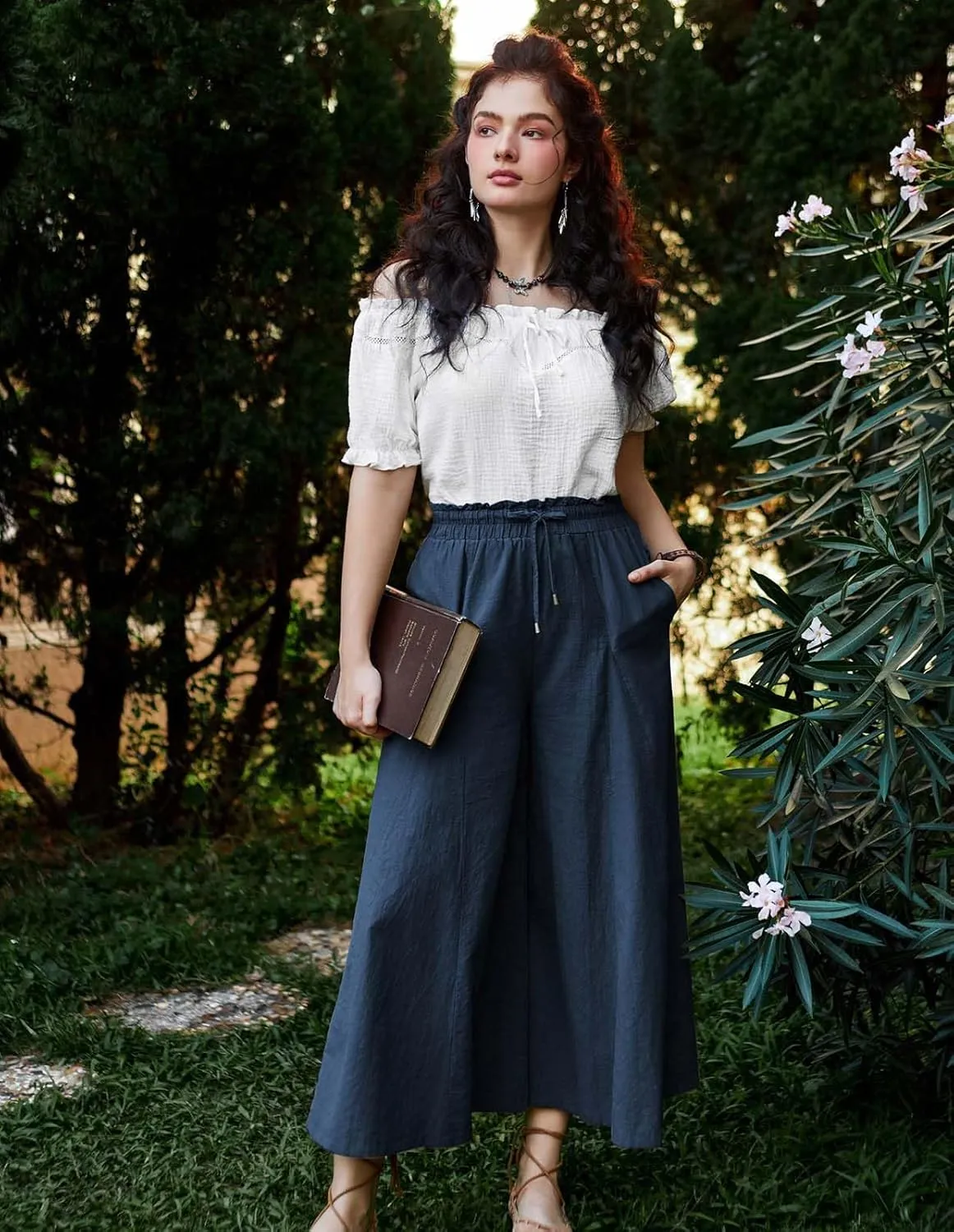 Scarlet Darkness Women Wide Leg Pants High Waist Linen Casual Loose Lounge Trousers with Pockets
