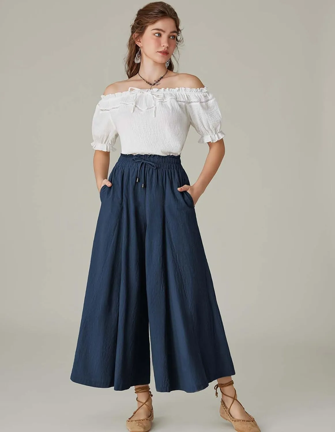 Scarlet Darkness Women Wide Leg Pants High Waist Linen Casual Loose Lounge Trousers with Pockets