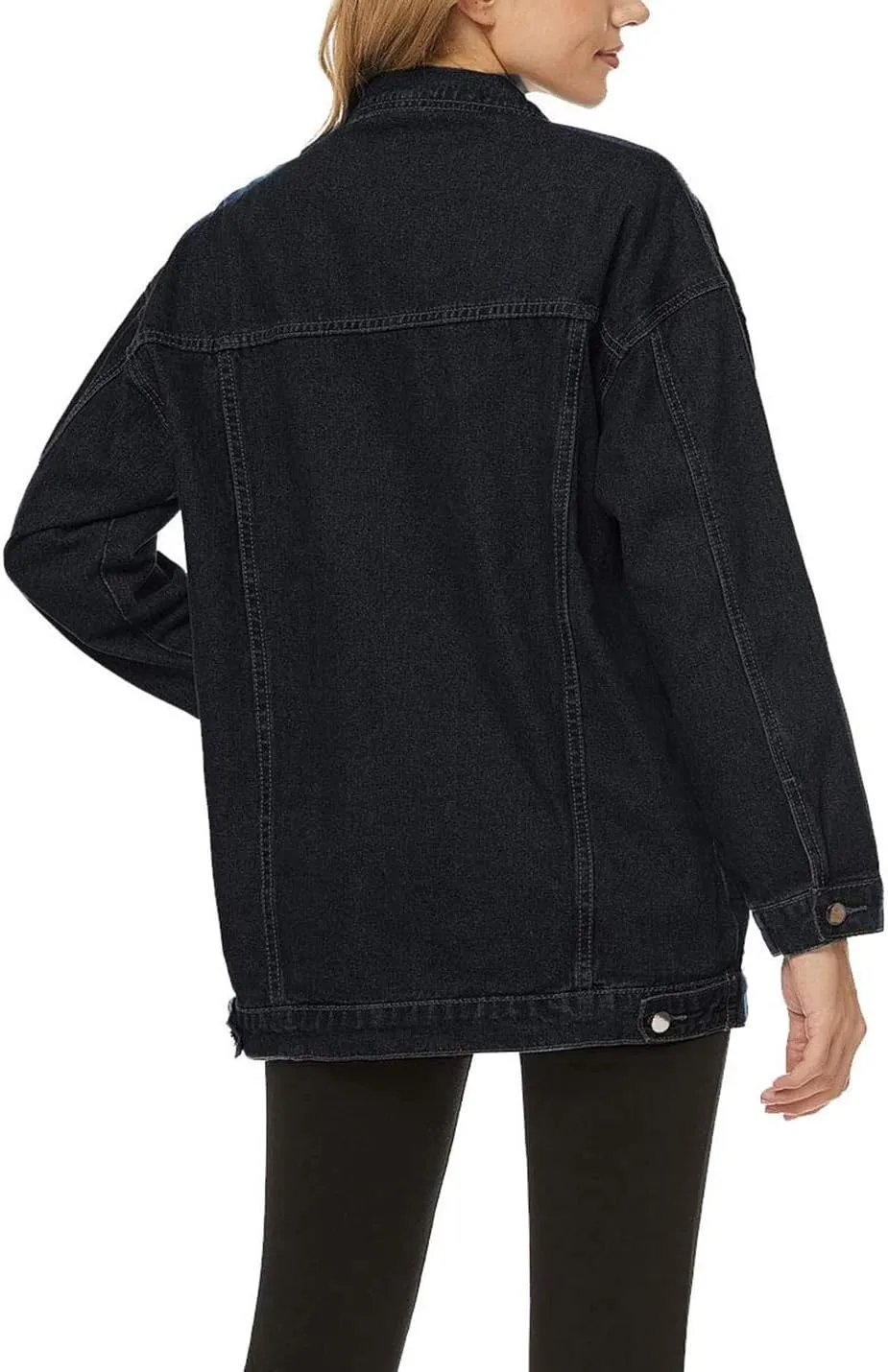 SeekMe Women's Oversized Jean Jacket Plus Size Button Down Washed Mid Long Denim Jacket