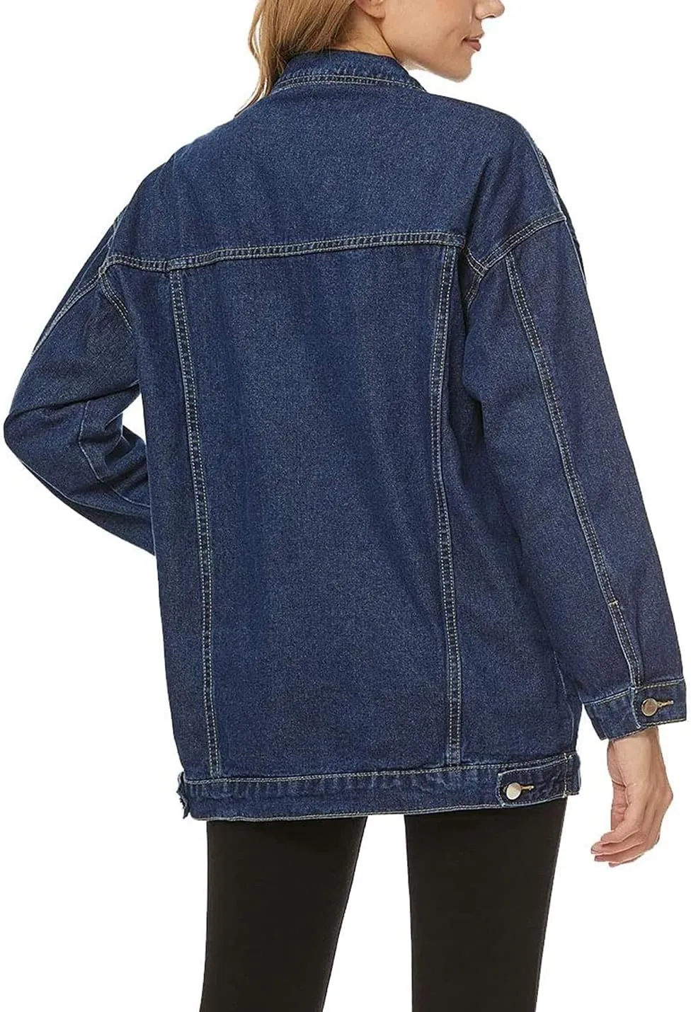 SeekMe Women's Oversized Jean Jacket Plus Size Button Down Washed Mid Long Denim Jacket
