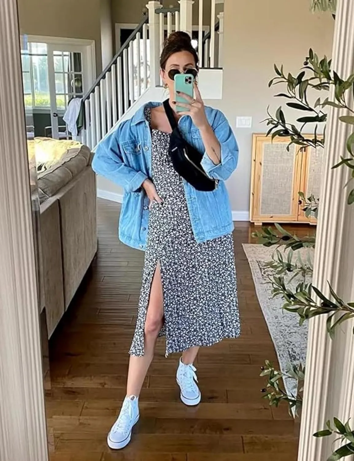 SeekMe Women's Oversized Jean Jacket Plus Size Button Down Washed Mid Long Denim Jacket