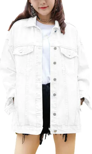 SeekMe Women's Oversized Jean Jacket Plus Size Button Down Washed Mid Long Denim Jacket