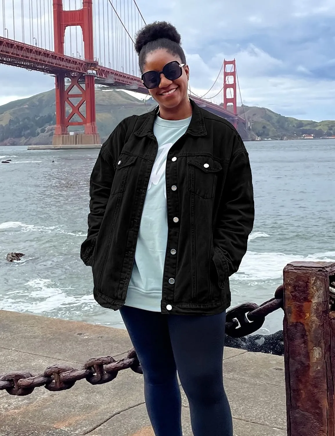SeekMe Women's Oversized Jean Jacket Plus Size Button Down Washed Mid Long Denim Jacket