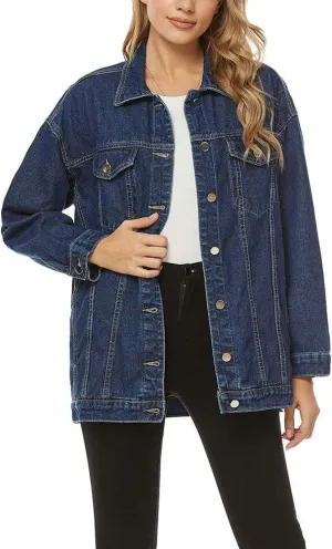SeekMe Women's Oversized Jean Jacket Plus Size Button Down Washed Mid Long Denim Jacket