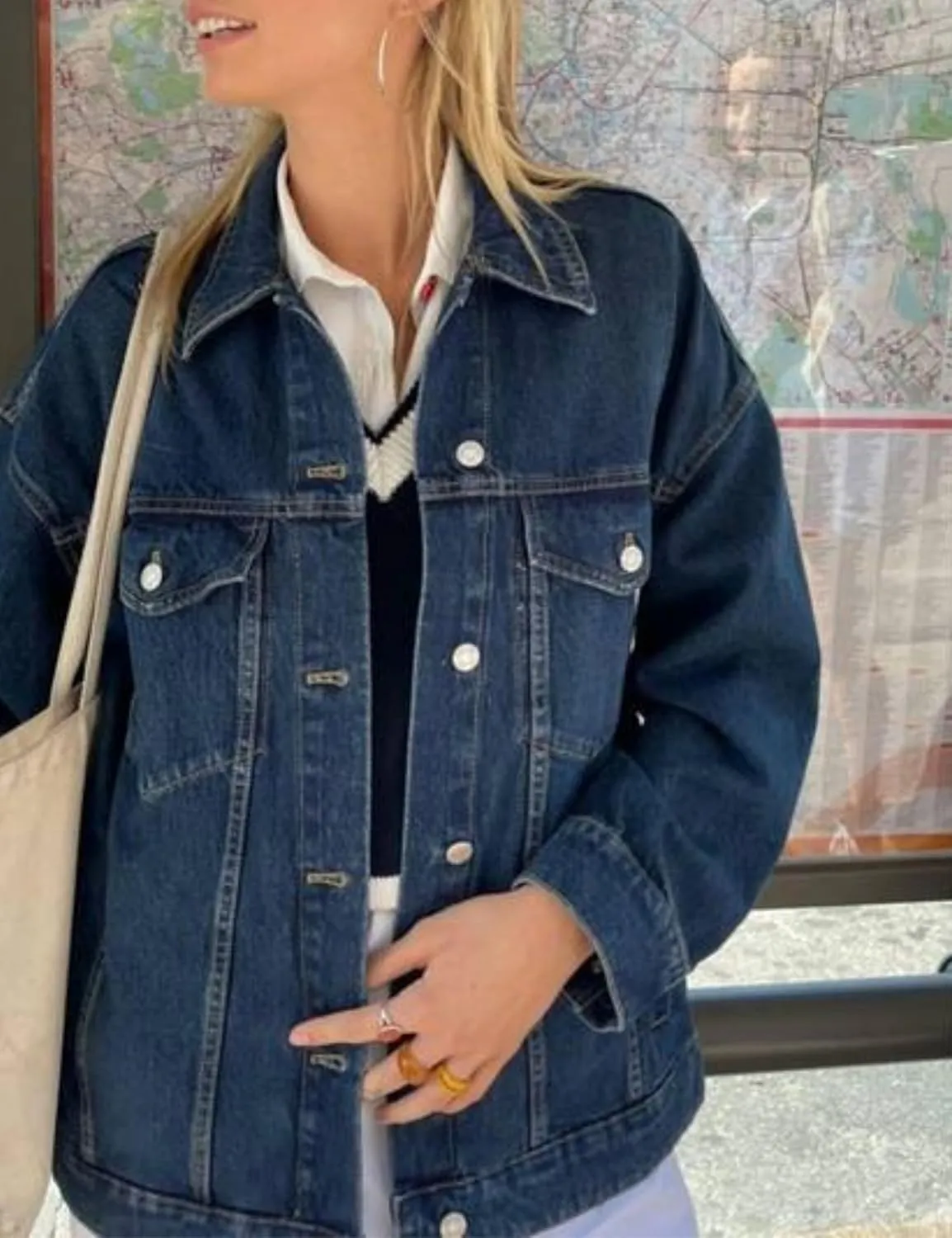 SeekMe Women's Oversized Jean Jacket Plus Size Button Down Washed Mid Long Denim Jacket