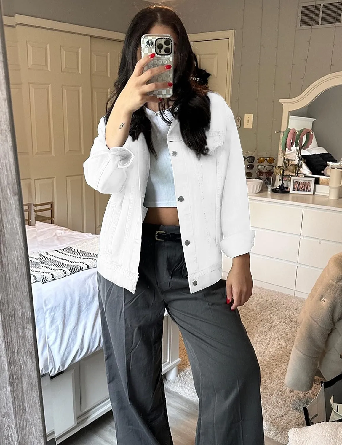 SeekMe Women's Oversized Jean Jacket Plus Size Button Down Washed Mid Long Denim Jacket
