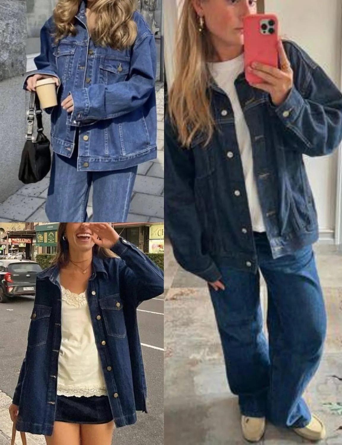 SeekMe Women's Oversized Jean Jacket Plus Size Button Down Washed Mid Long Denim Jacket