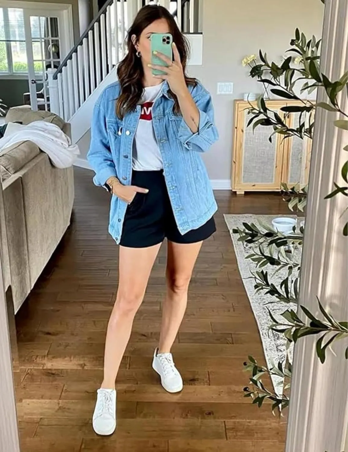 SeekMe Women's Oversized Jean Jacket Plus Size Button Down Washed Mid Long Denim Jacket